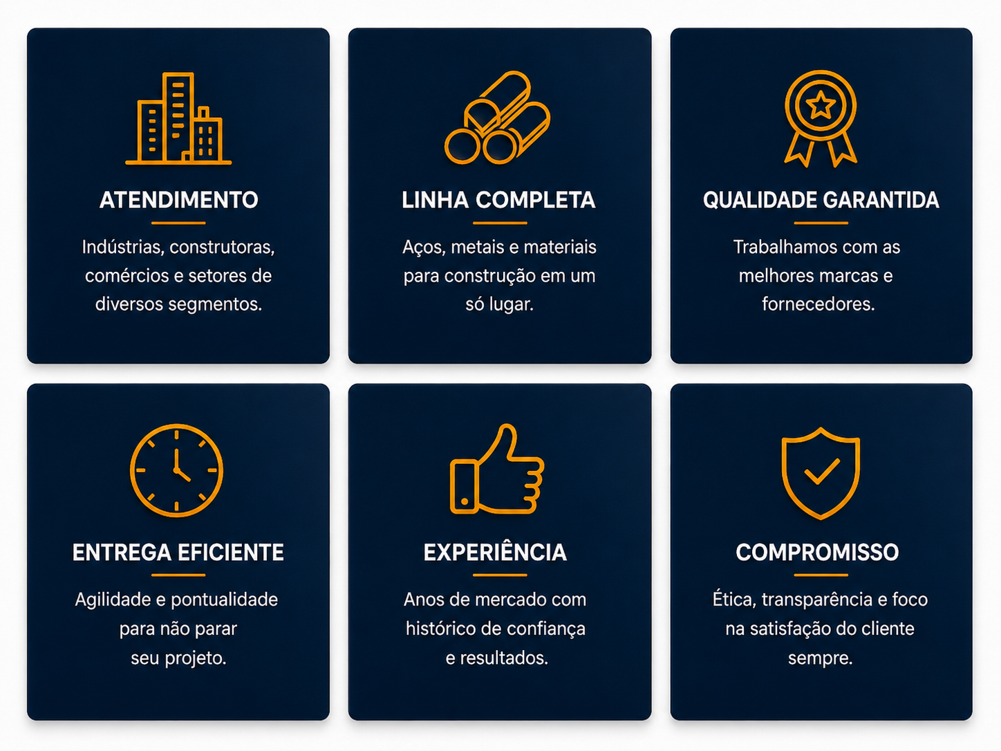 Atendimento, linha completa, qualidade garantida, entrega eficiente, experiência e compromisso
