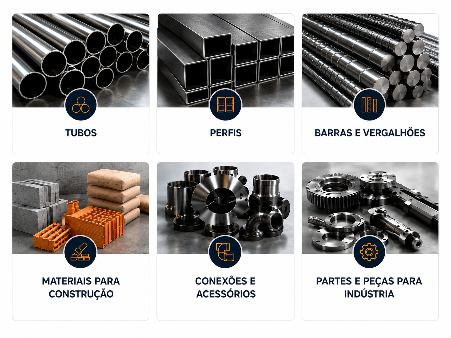 Tubos, perfis, barras e vergalhões, materiais para construção, conexões e acessórios, partes e peças para indústria